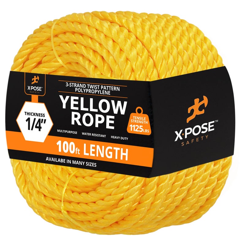 xpose safety Yellow Twisted Polypropylene Rope, 1/4" Thickness x 100' Length Heavy Duty Poly Ropes for Outdoor and Marine Use, Yellow Rope for Visibility & Safety - Image 1